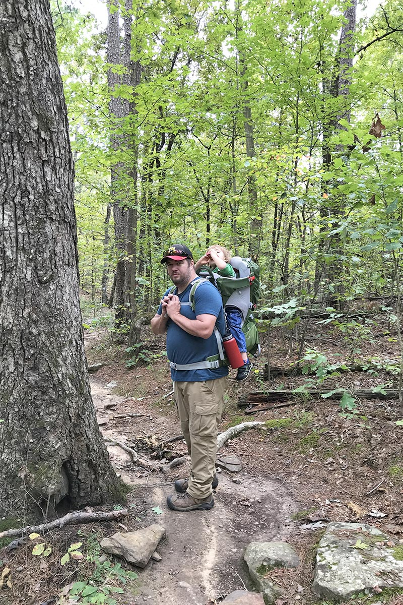 hiking Seven Hollows Trail with a toddler and hiking carrier in Petit Jean State Park