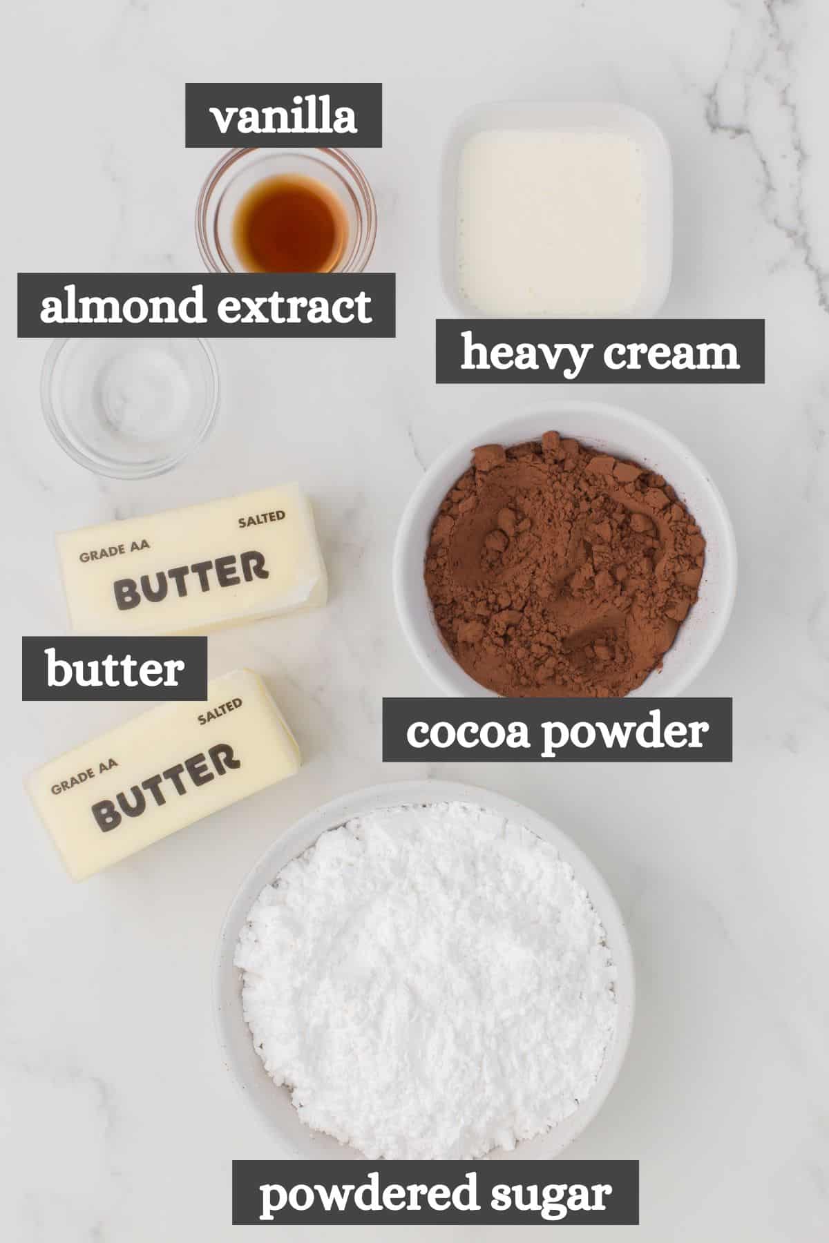 milk chocolate buttercream frosting ingredients lined out on a white countertop