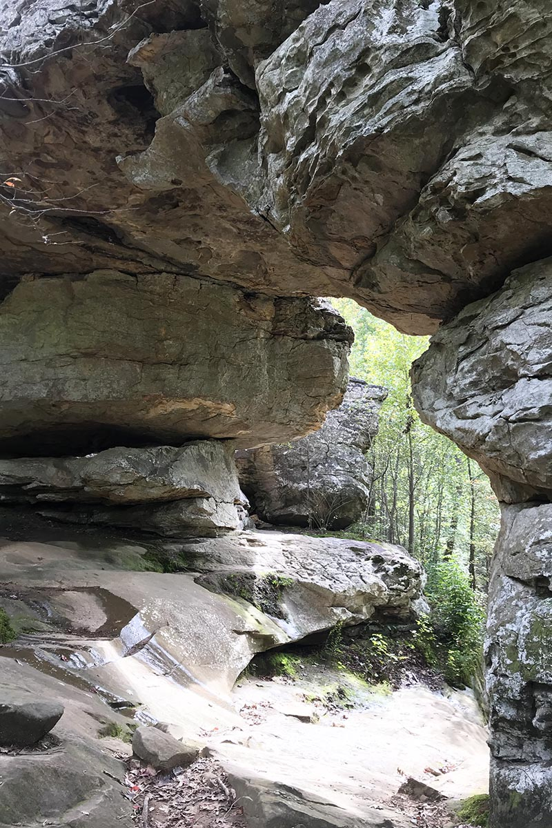 looking through the arch of Natural Bridge on Seven Hollows Trail in Petit Jean State Park