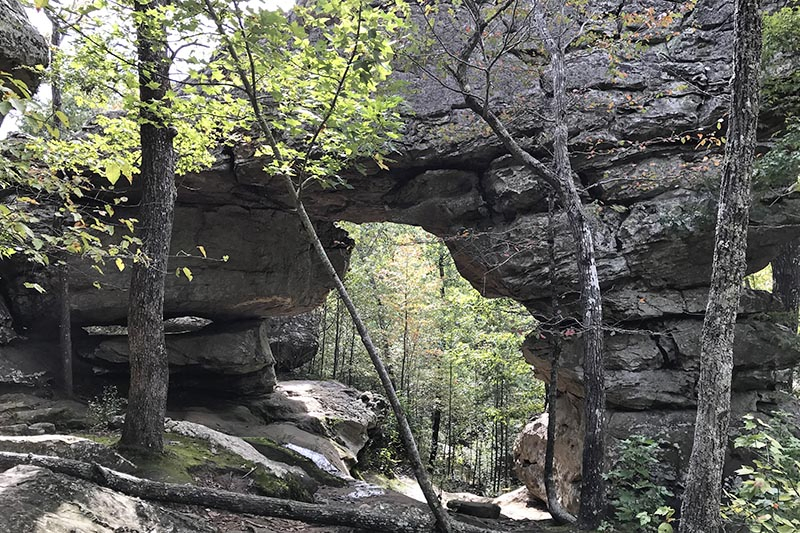 view through the Natural Bridge on Seven Hollows Trail at Petit Jean State Park