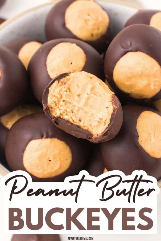 closeup of a peanut butter buckeye with a bite taken out of it