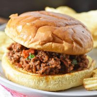 pepperoni pizza sloppy joes with toasted buns and potato chips on gray plate