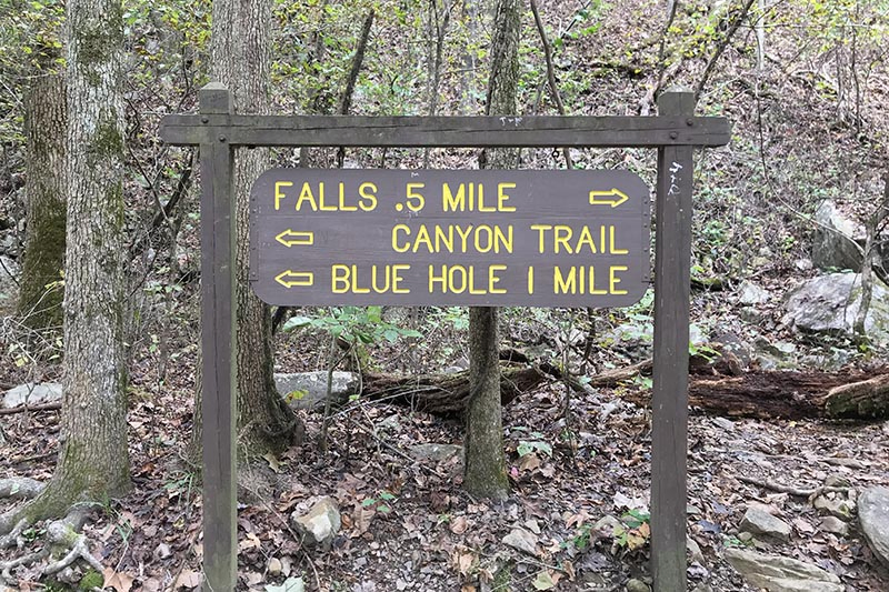 sign pointing the way to Cedar Falls in Petit Jean State Park, Arkansas