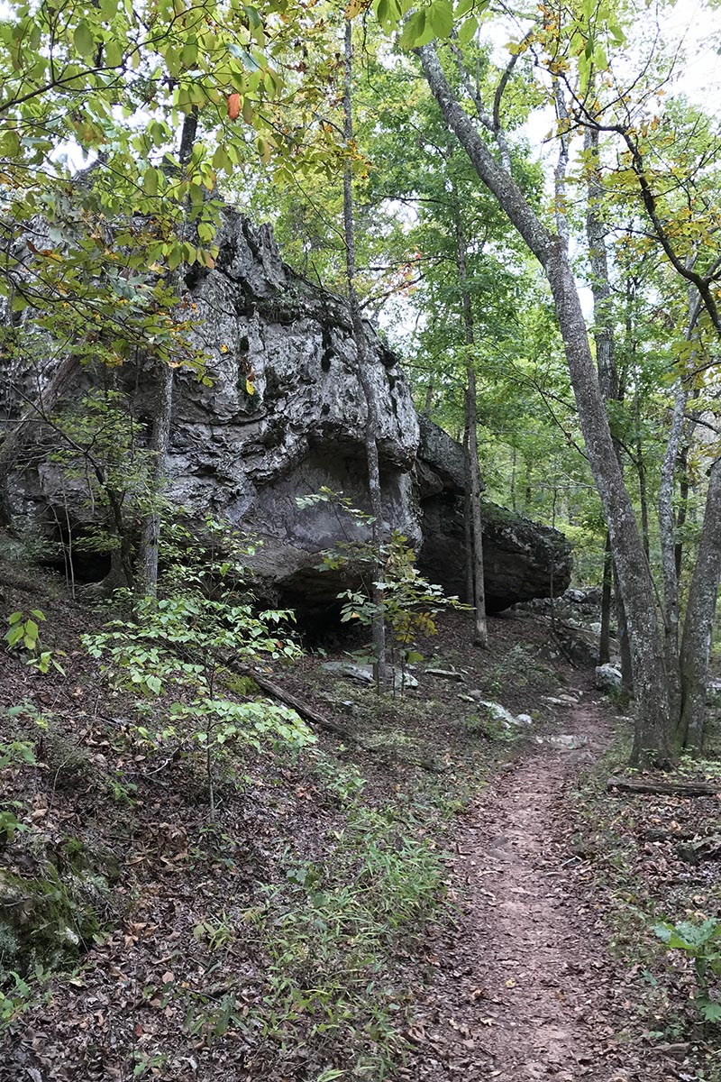 boulders and bluffs on Arkansas hiking trail, Seven Hollows Trail, in Petit jean State Park