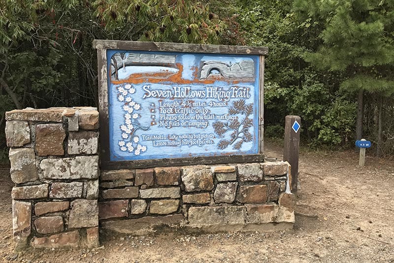 Seven Hollows Trail Head with sign at Petit Jean State Park near Morrilton, Arkansas