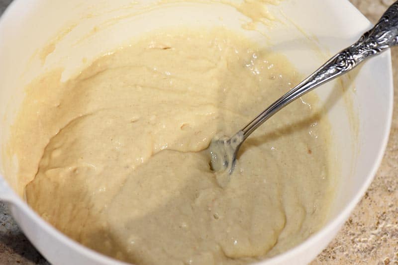 how to make pancake batter, butterbeer pancake batter in white mixing bowl