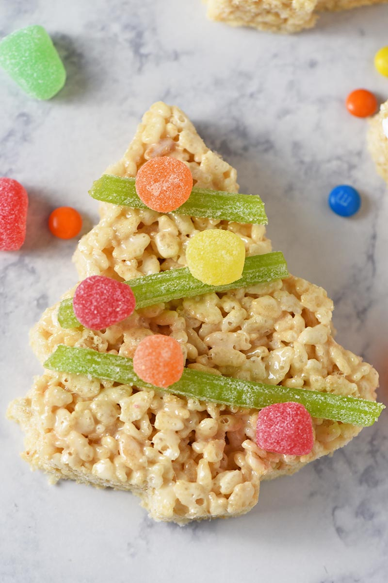 spice drops and sour twist candy decorating Christmas tree Rice Krispie treats