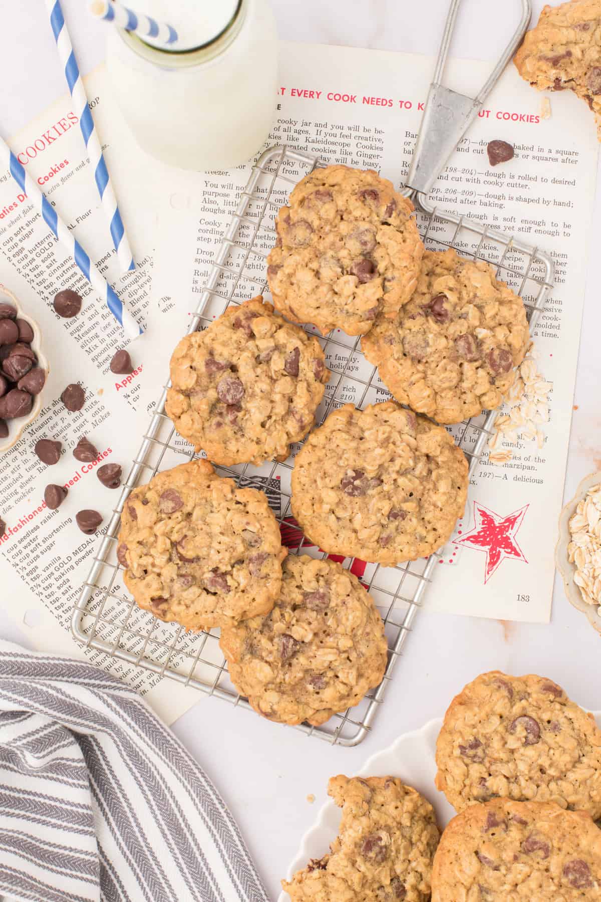 chocolate chip oatmeal cookies cooling on a wire cooling rack