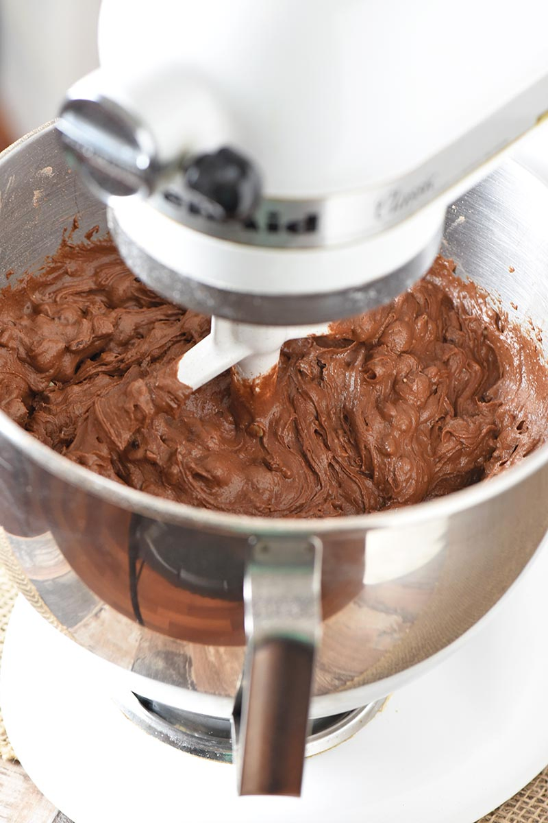chocolate crinkles cookie dough in KitchenAid mixer bowl