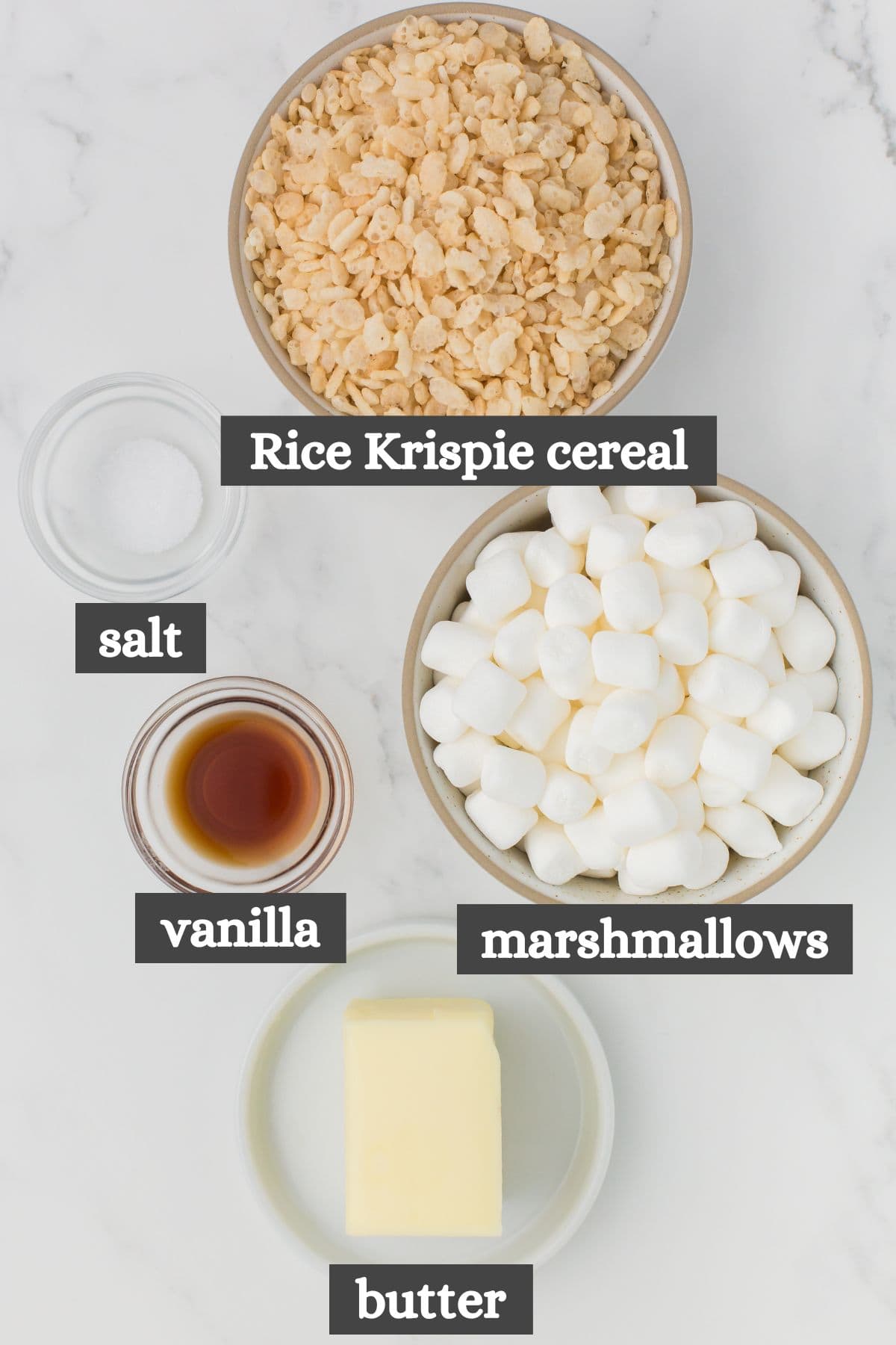 easy Rice Krispie treats ingredients lined out on a white countertop