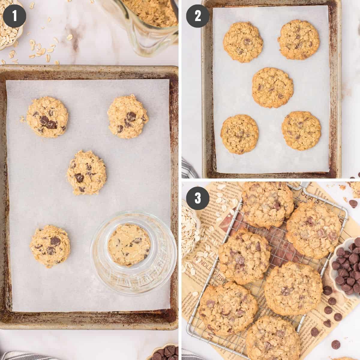 3 step photo collage showing how to bake buttermilk oatmeal cookies with chocolate chips