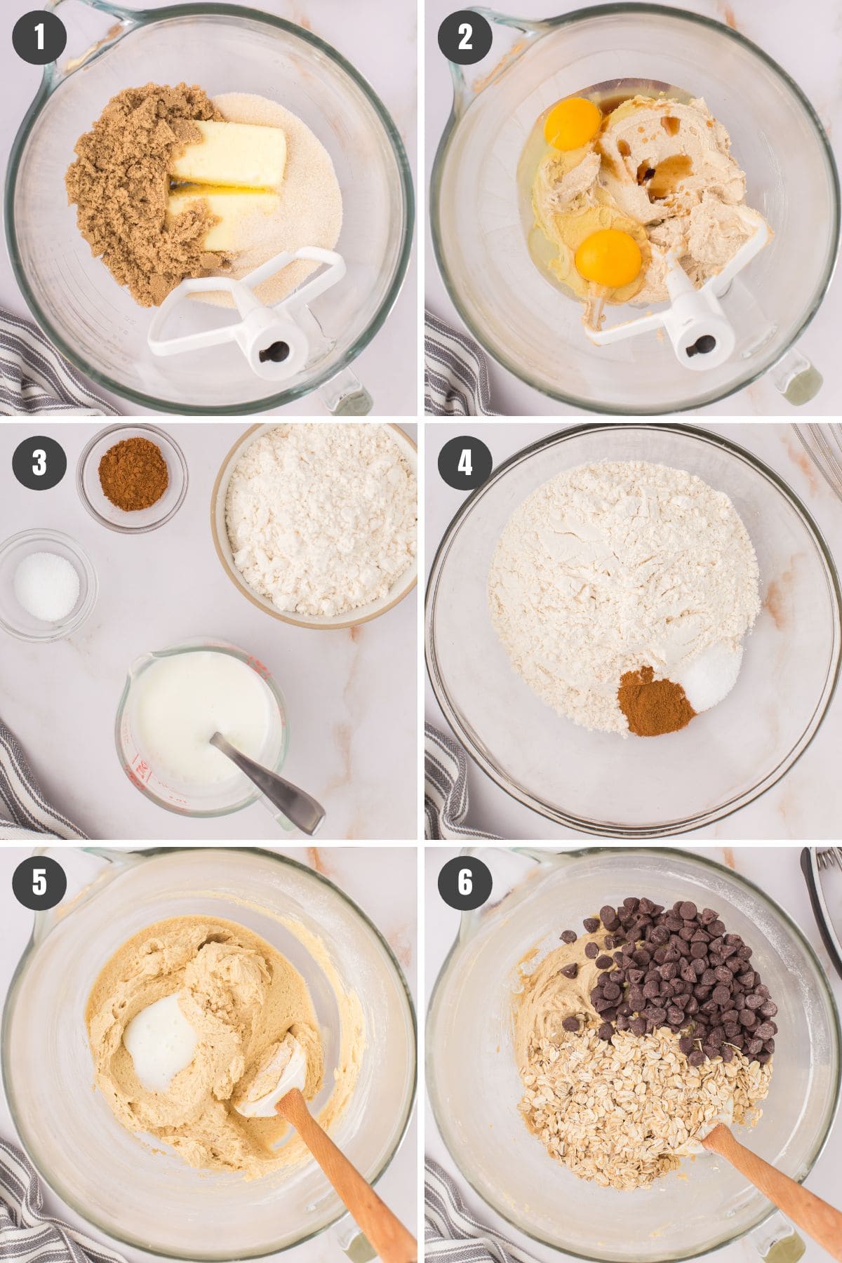 6 step photo collage showing how to mix up oatmeal chocolate chip cooking in a large glass mixing bowl
