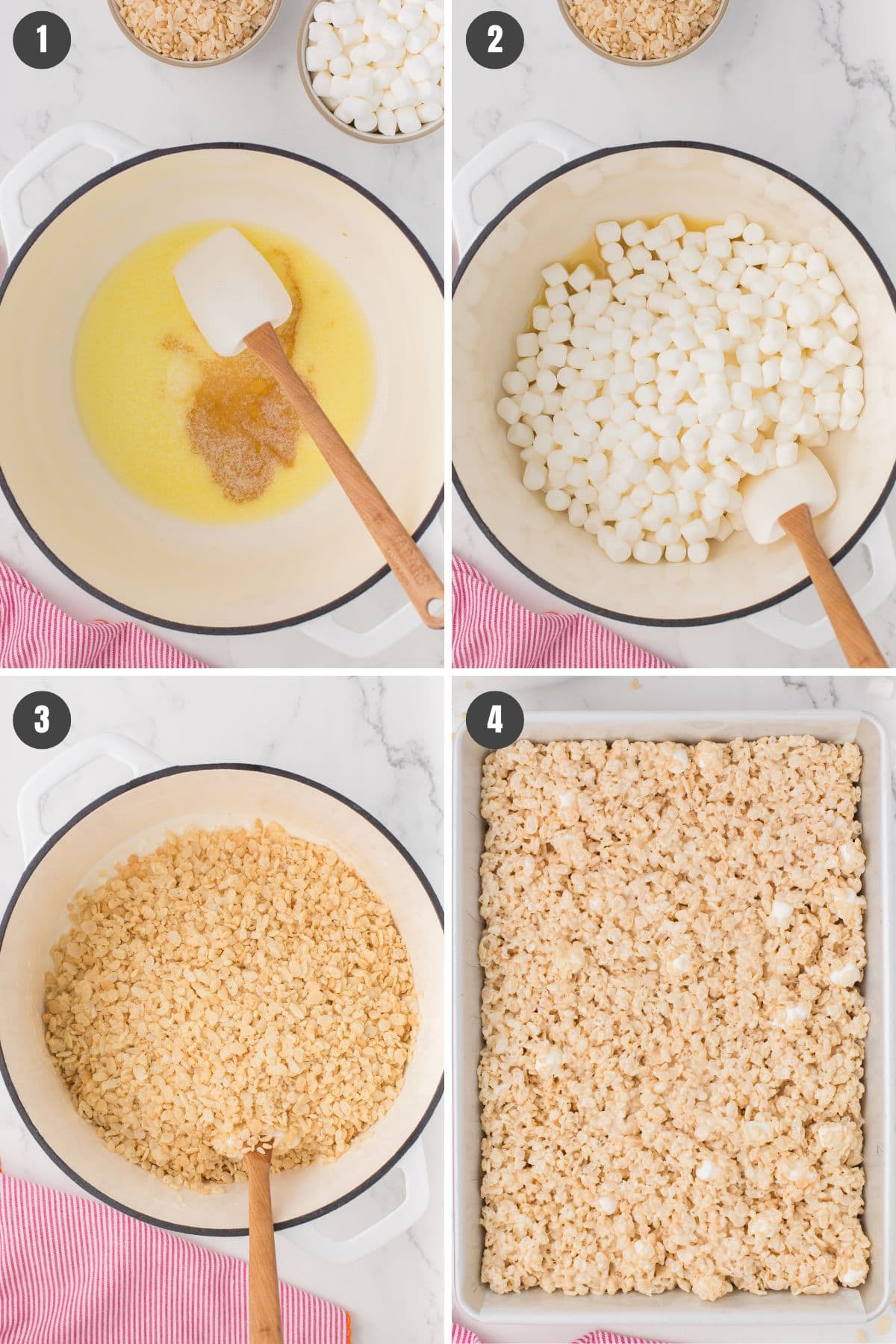 4 step photo collage showing how to make easy Rice Krispie treats