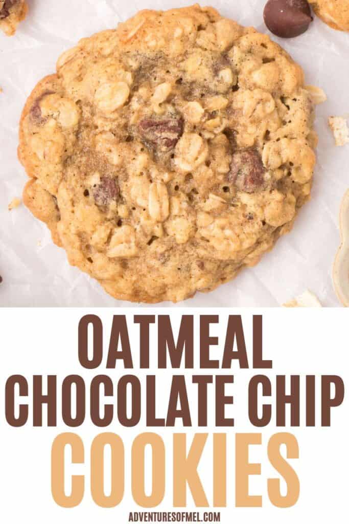 photo pin showing a soft and chewy oatmeal chocolate chip cookie on a white marbled countertop