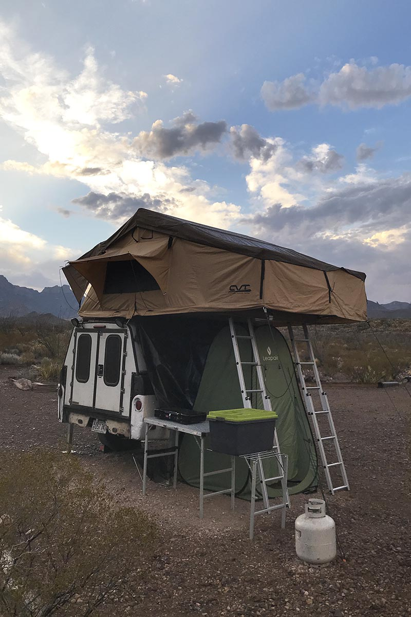 rooftop tent camping setup at Big Bend National Park in Texas