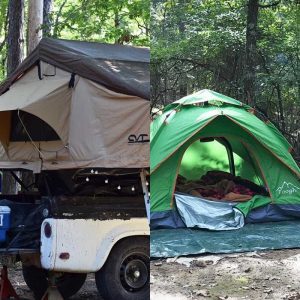 roof top tent on camp trailer and ground tent on green tarp with front flap open