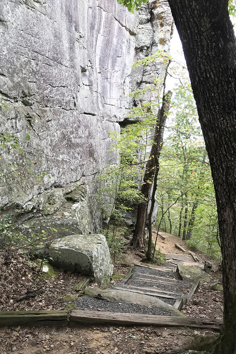 railroad tie steps on Bear Cave Trail in Petit Jean