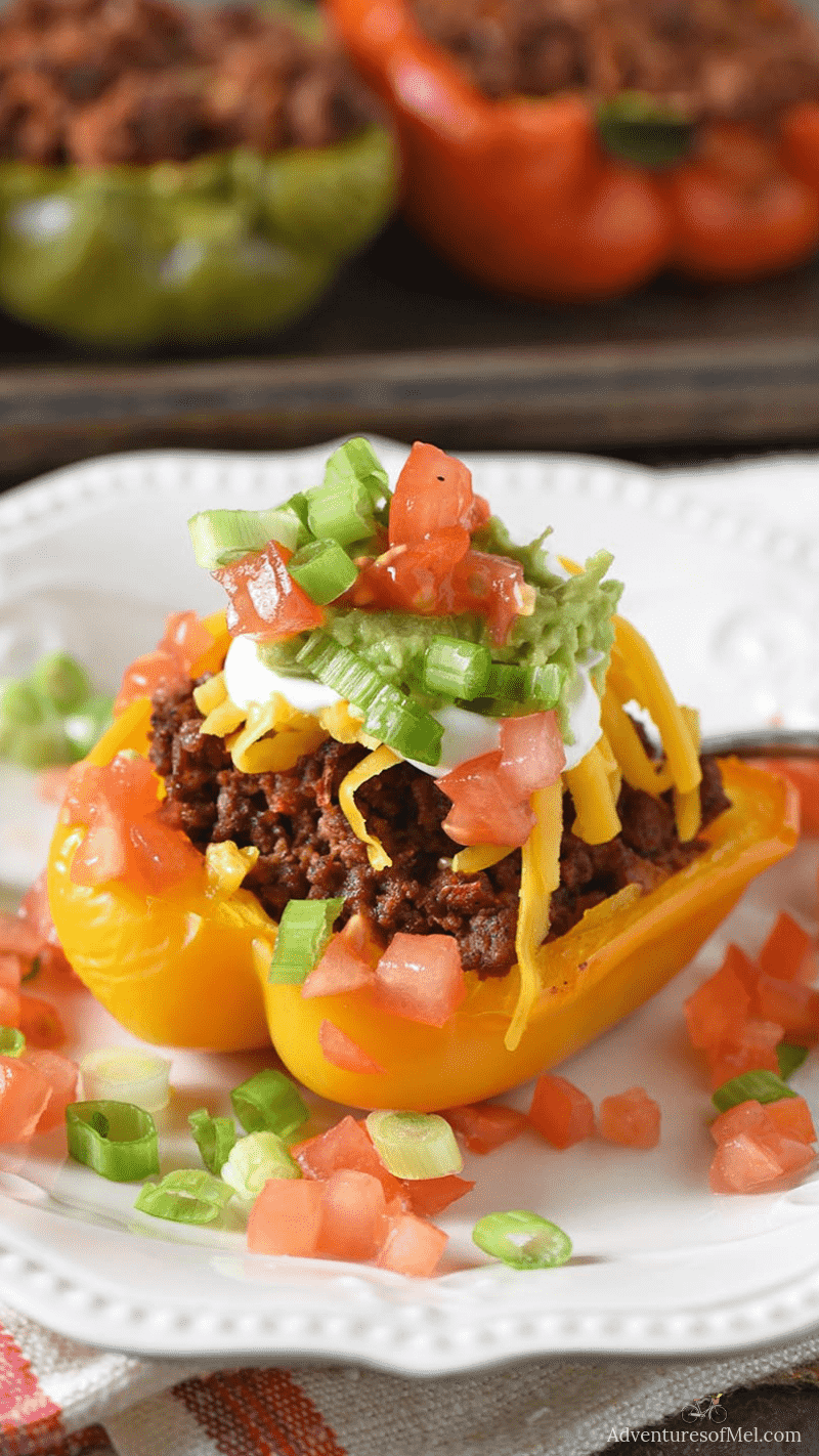 beef taco stuffed peppers on white plate and baking sheet