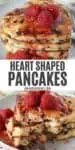 stack of heart shaped pancakes with chocolate chips, topped with raspberries and sauce on gray plate, bite out of stack