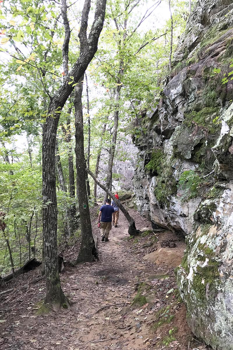 family hiking along the bluffline on Bear Cave Trail in Arkansas State Parks, Petit Jean