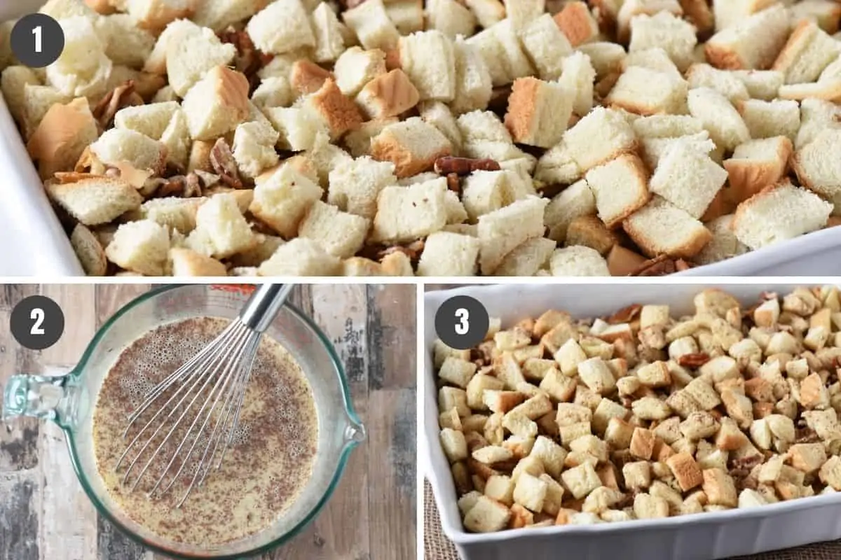 how to make French toast casserole with white bread in 3 steps, including cubed bread and pecans in baking dish, beating eggs with milk and spices, and pouring egg mixture over bread cubes
