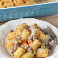tater tot casserole recipe served on white plate with fork