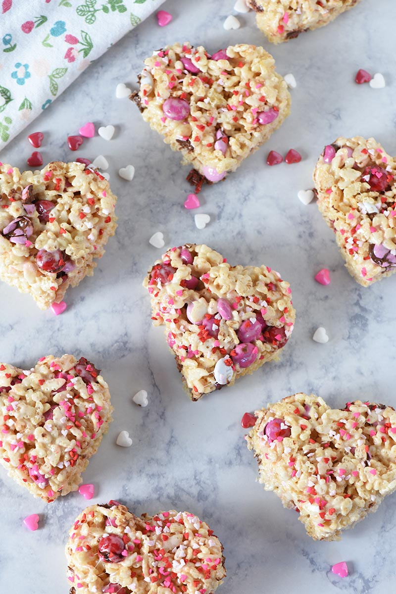 Valentine Rice Krispie treats with heart sprinkles and Valentine M&M's