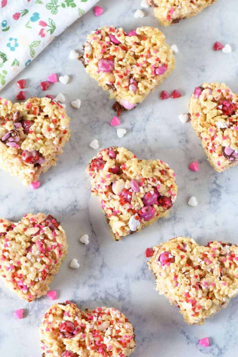 Heart Shaped Valentine Rice Krispie Treats with M&M's - Adventures of Mel