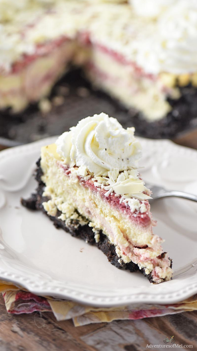 slice of homemade Olive Garden white chocolate raspberry cheesecake