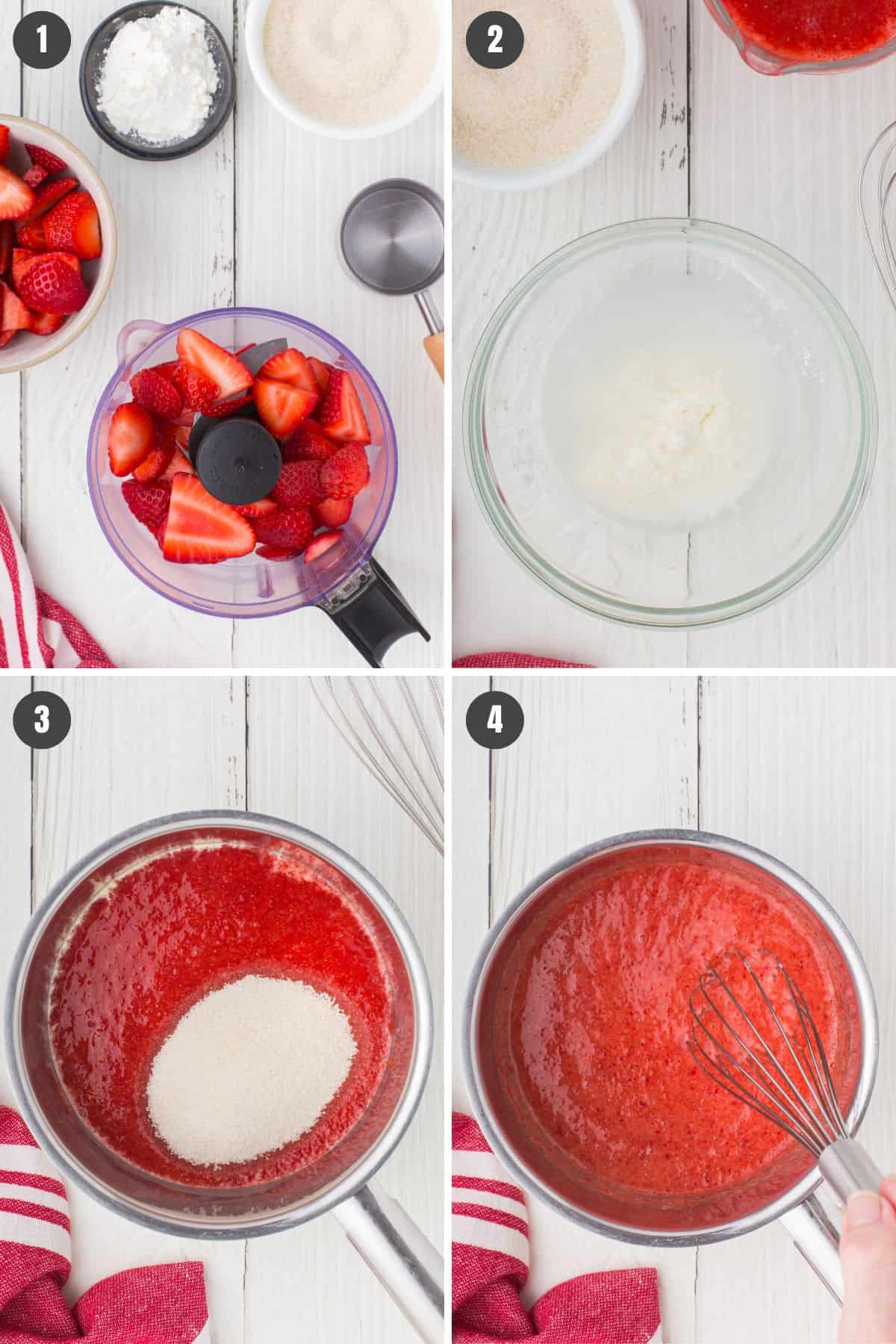 4 step photo collage showing how to make strawberry delight with a homemade strawberry sauce on the stovetop