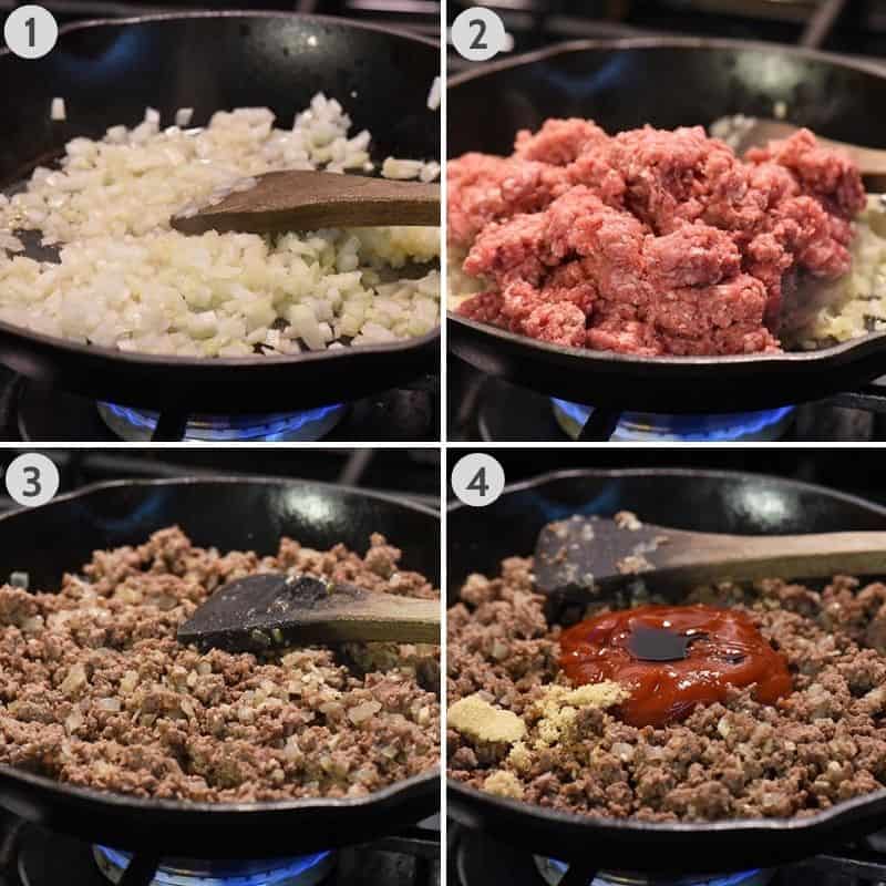steps for how to make sloppy joe shepherd's pie in cast iron skillet, including cooking onion, then adding ground beef, cooking beef and onion together, and adding homemade sloppy joe sauce ingredients