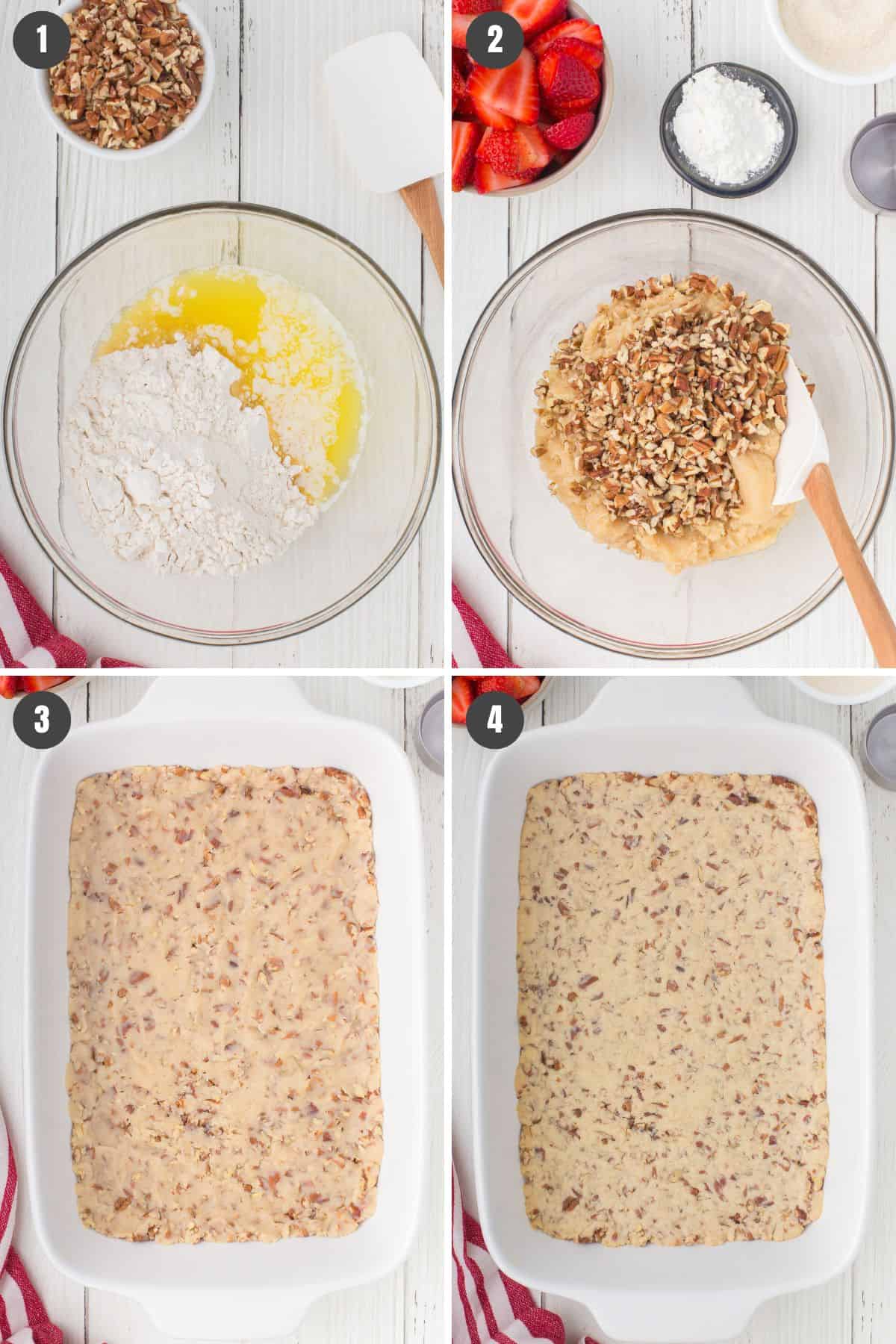 4 step photo collage showing how to make strawberry delight with a pecan pie crust