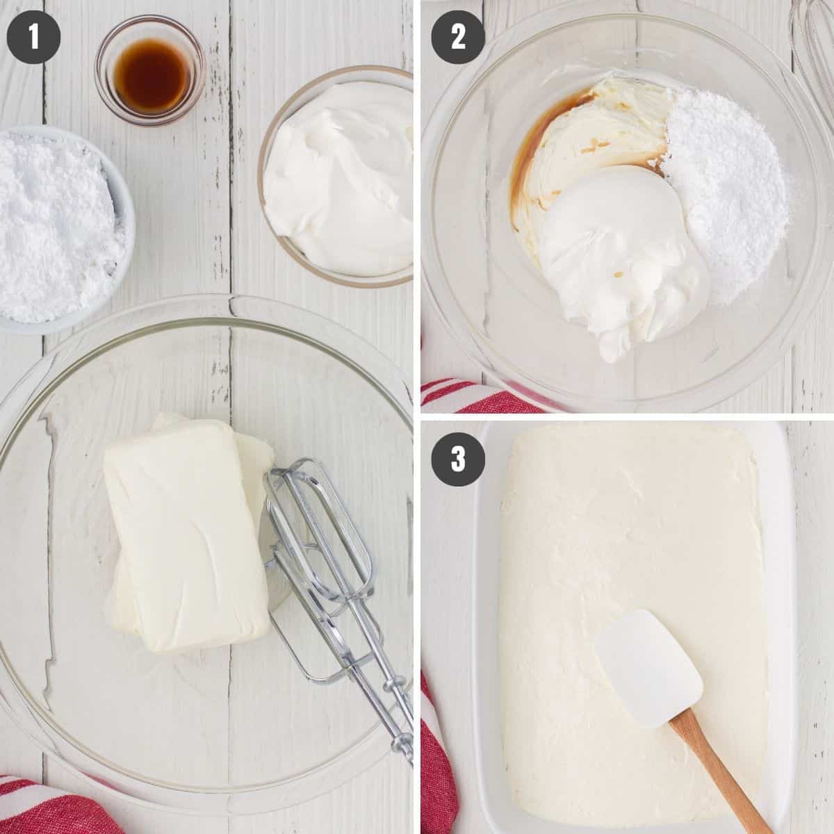 4 step photo collage showing how to make strawberry delight with a cream cheese and Cool Whip filling