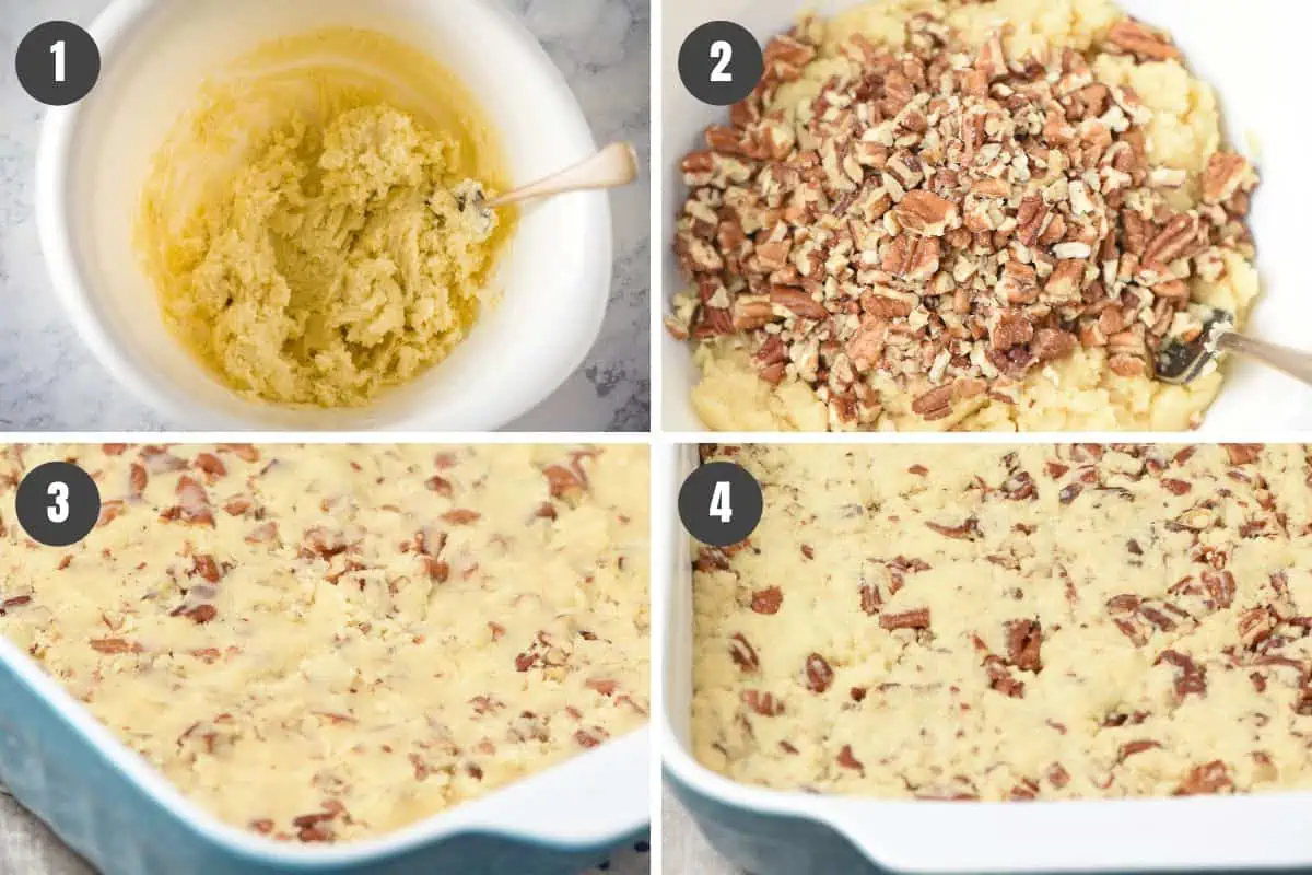 steps for how to make a pecan crust, including mixing in white bowl, then pressing and baking in blue and white baking dish