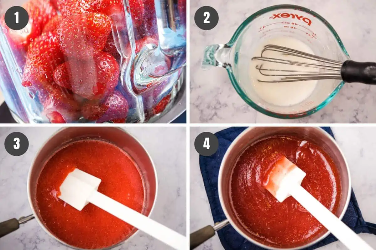 steps for how to make strawberry puree, then make into strawberry sauce using corn starch and water mixture and strawberry puree in saucepan