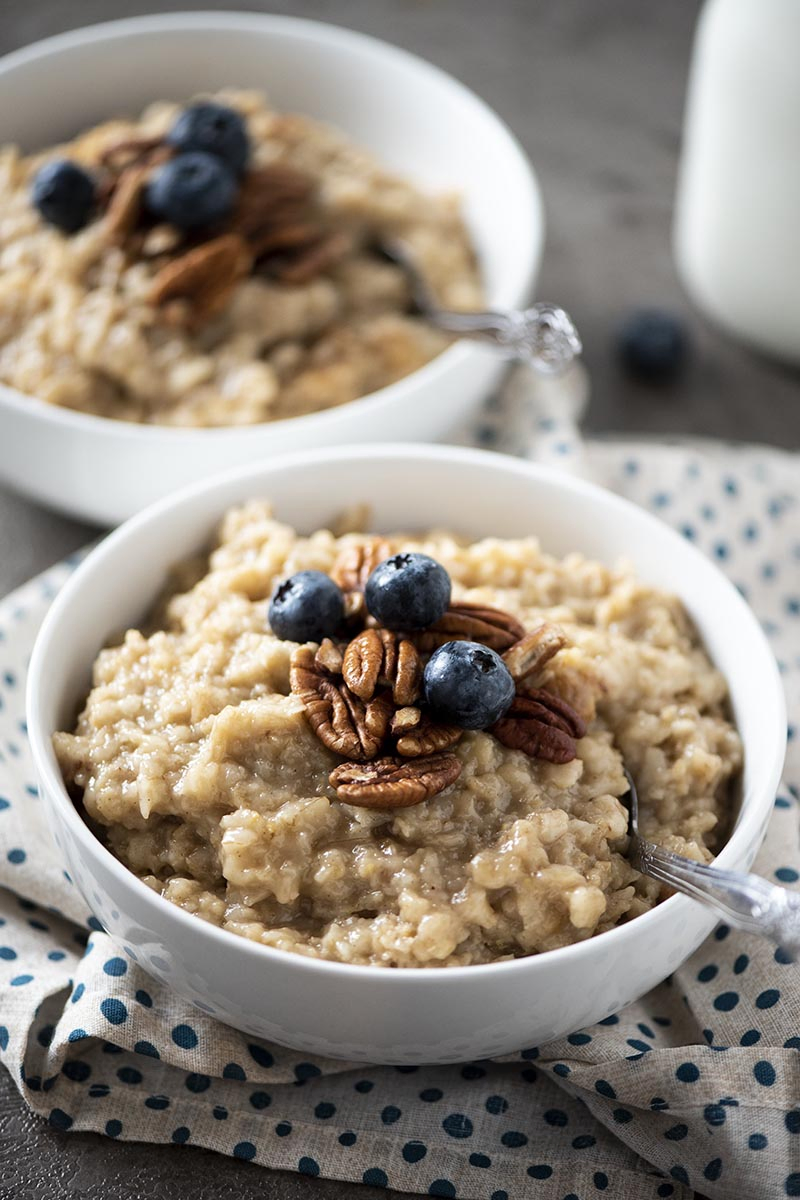 white bowl with maple brown sugar oatmeal, made with pressure cooker oatmeal