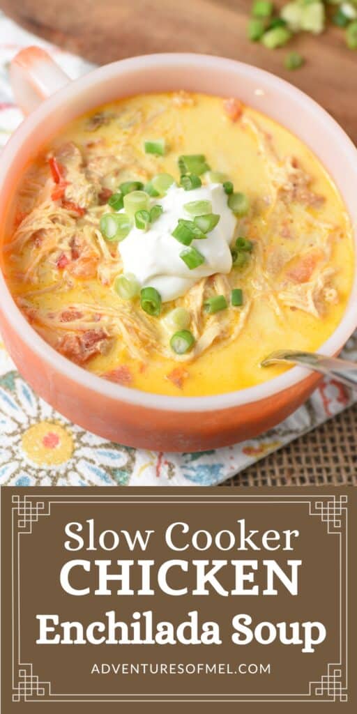 bowl of slow cooker chicken enchilada soup on wood countertop with placemat