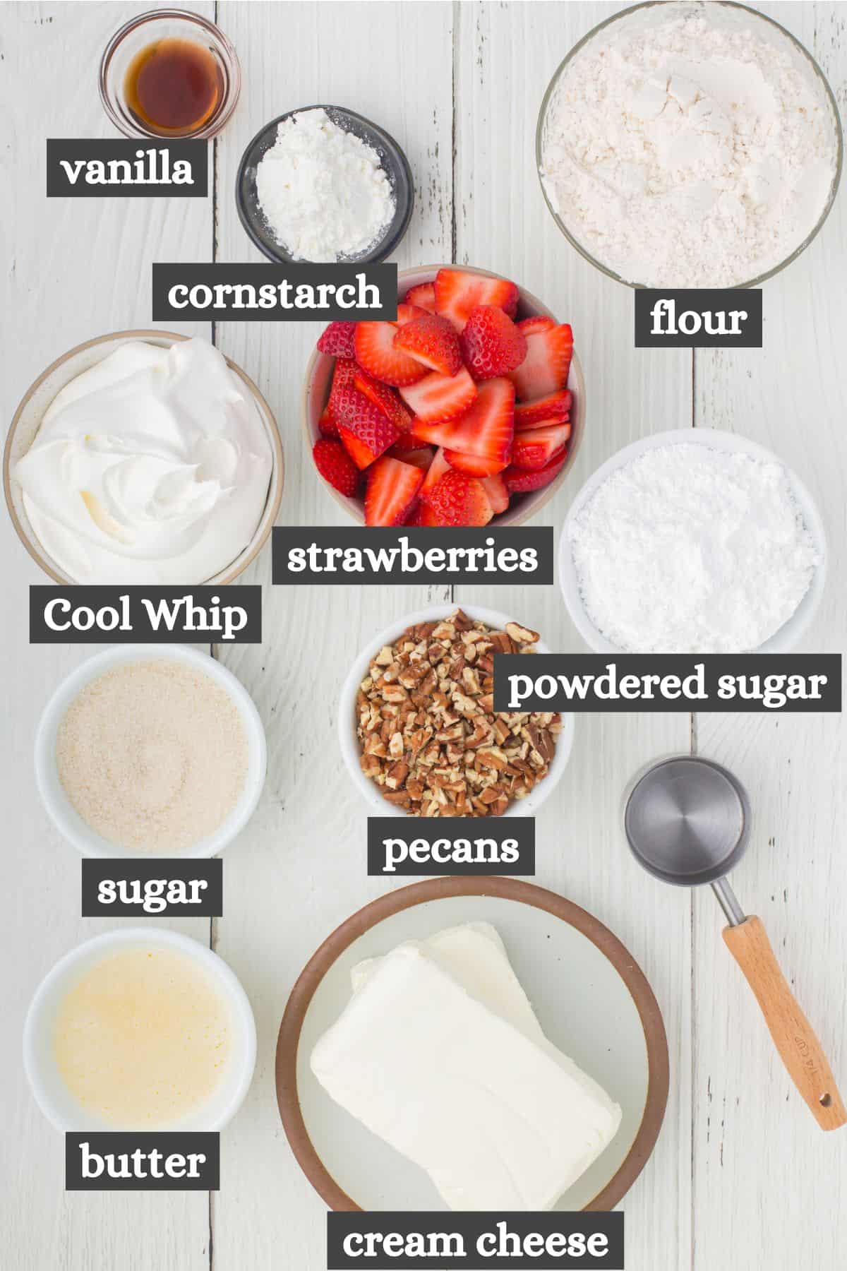 strawberry delight ingredients lined out on a white countertop