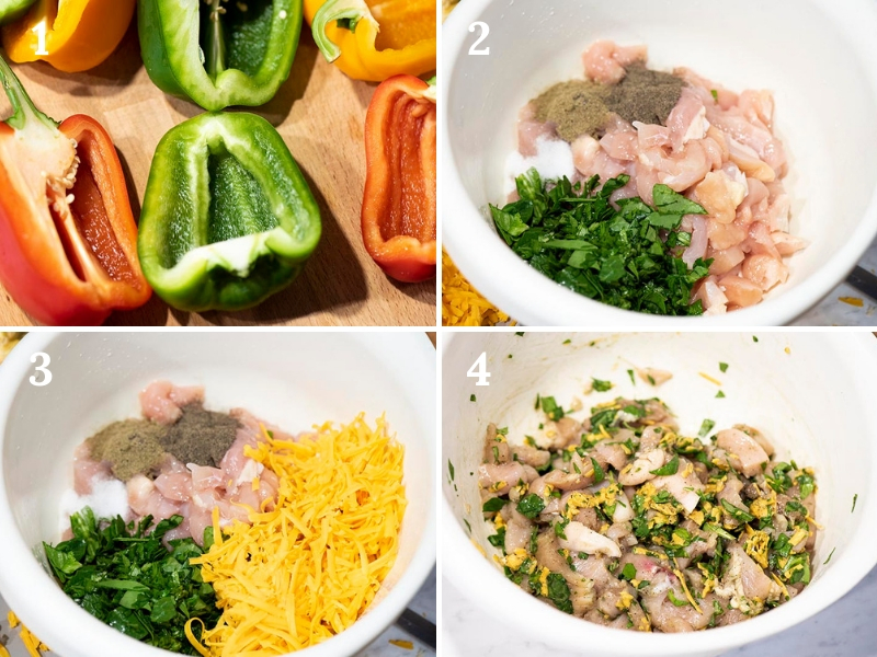 how to make stuffed peppers with chicken, spinach, cheese, and seasonings, including the steps to making the chicken mixture in a white mixing bowl