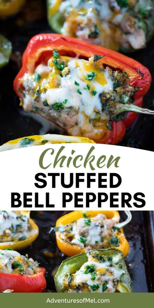 chicken stuffed bell peppers up close and in line on cookie sheet