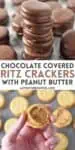 stack of chocolate covered Ritz crackers with peanut butter, hand holding peanut butter Ritz cracker