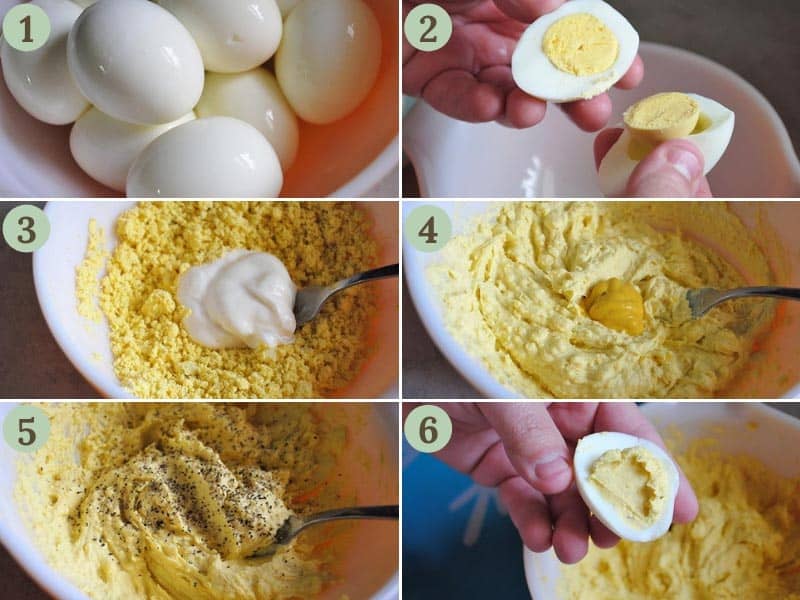 how to make deviled eggs, step by step, from removing the yolks to mixing up the yolk mixture and spooning it back into the egg whites