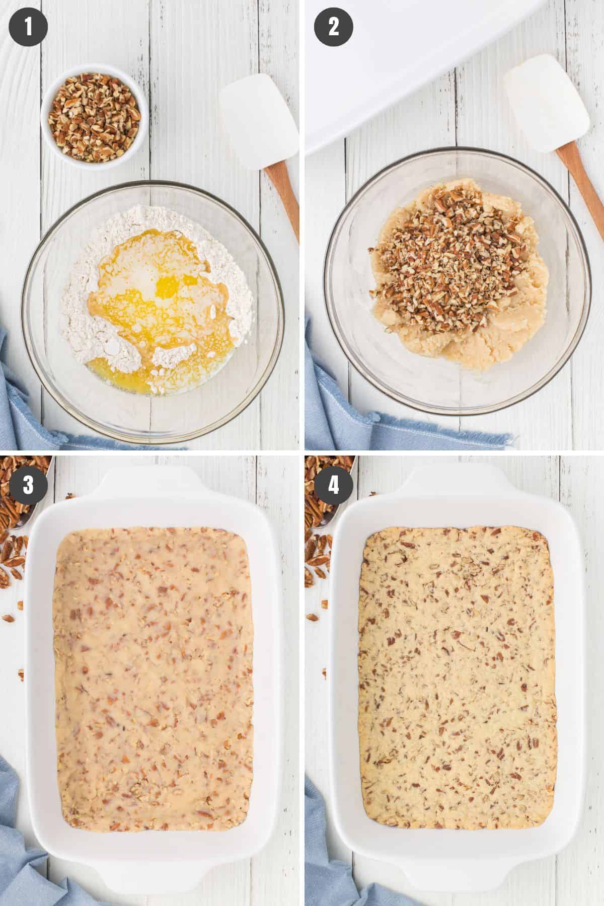 4 step photo collage showing how to make the pecan crust for no bake blueberry dessert