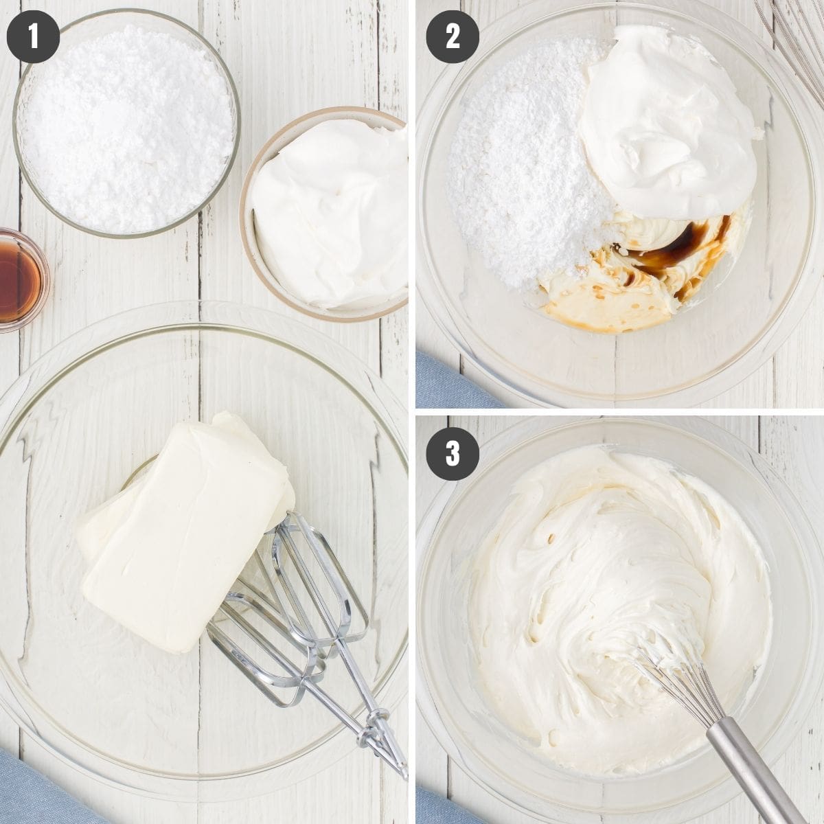 3 step photo collage showing how to make the cream cheese filling for a blueberry yum yum recipe