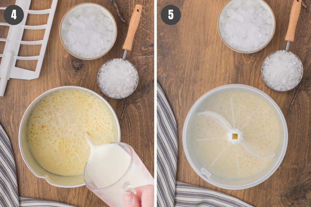 2 step photo collage showing how to add old fashioned homemade vanilla ice cream to a metal ice cream maker canister