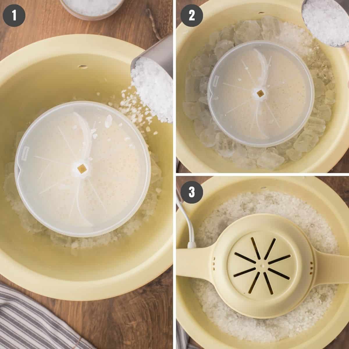 3 step photo collage showing how to freeze homemade vanilla ice cream with an old fashioned ice cream maker