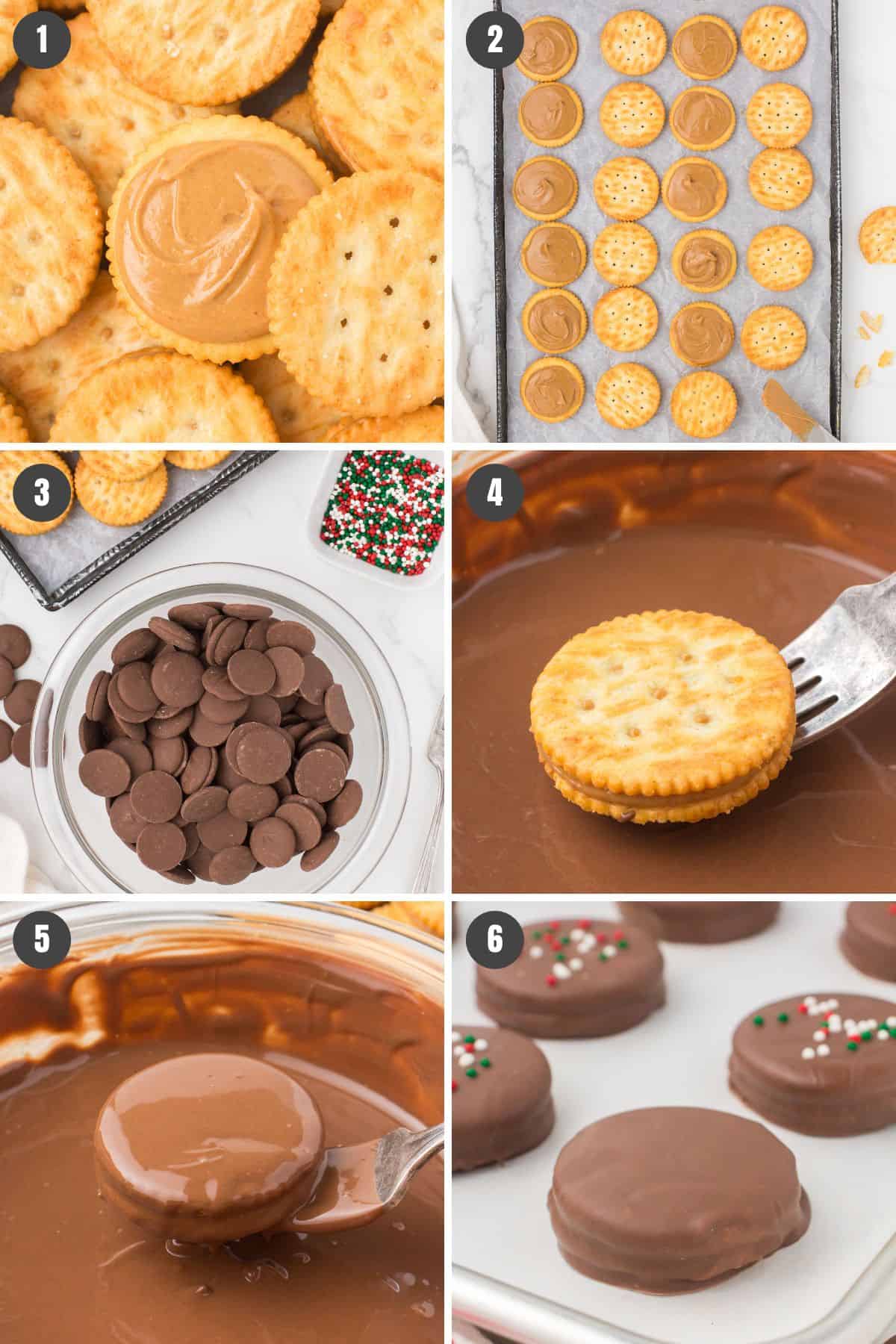 6 step photo collage showing how to make Ritz crackers with peanut butter dipped in chocolate