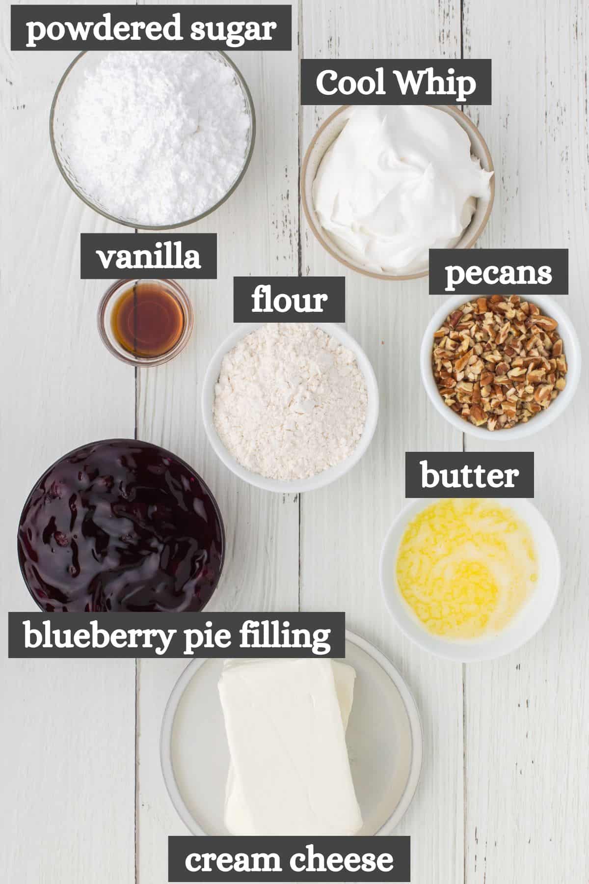 no bake blueberry yum yum recipe ingredients lined out on a white countertop
