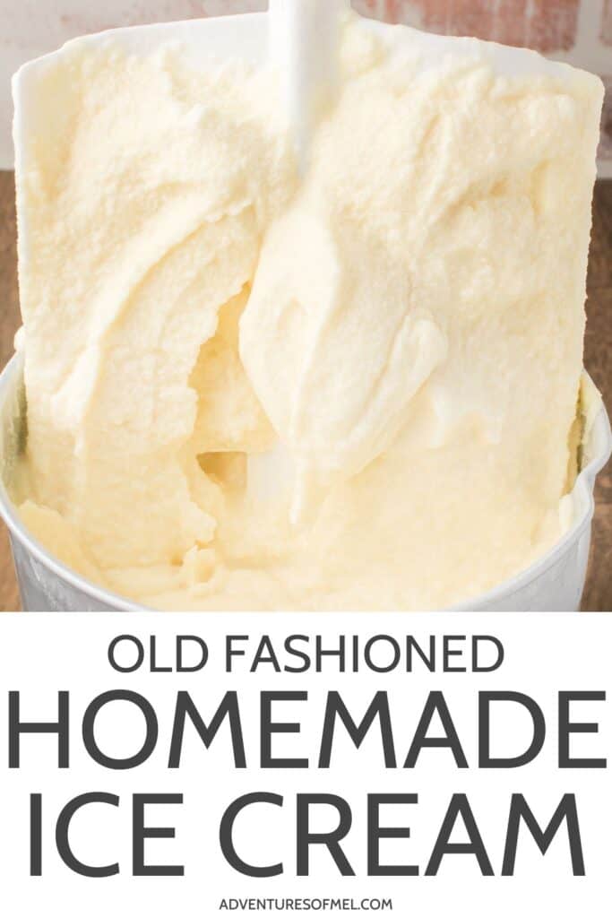 photo pin showing a closeup of an ice cream maker churn full of old fashioned homemade ice cream being pulled out of an ice cream maker canister