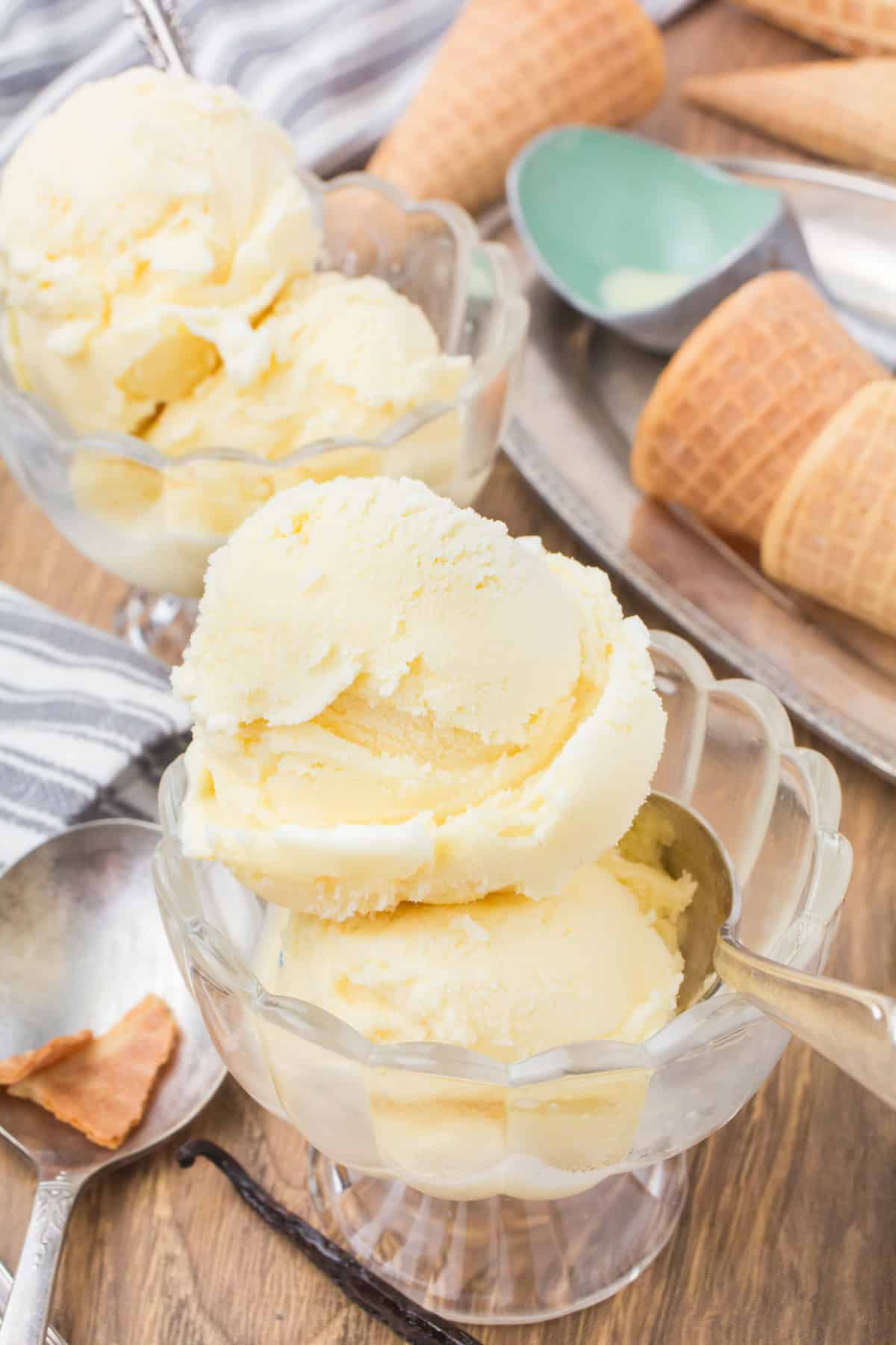 old fashioned homemade ice cream scooped into a small glass ramekin for serving